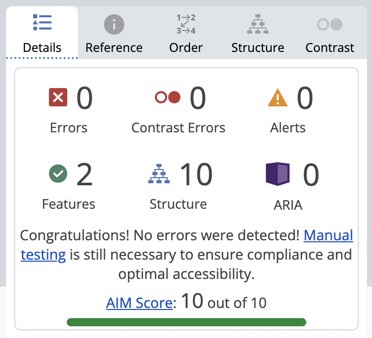 WAVE Web Accessibility Evaluation Tool details tab showing 0 errors and alerts