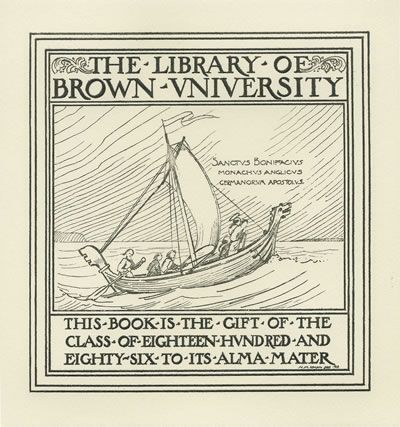 Ornate bookplate for Brown University Library reads, 'This book is the gift of the class of 1886.'